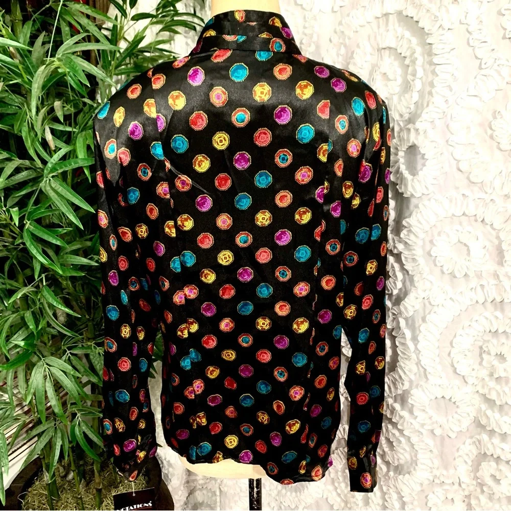 NWT Vintage “Notations” multi color gems on black print long sleeve blouse- 8 - Picture 6 of 12